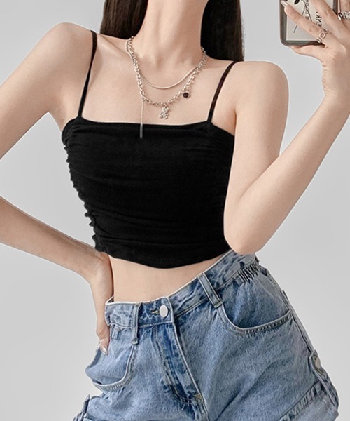 Miniministore(ミニミニストア)の「クロップド ギャザーキャミソールカップ付(キャミソール・レディース・ダークグレー/ブルー/ブラック/ホワイト/グリーン・FREE)」の2枚目の写真