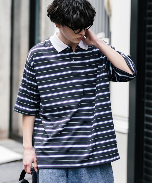 Rocky Monroe(ロッキーモンロー)の「オーバーサイズマルチボーダー半袖ポロシャツ(ポロシャツ・メンズ・パープル/イエロー/グリーン/チャコールグレー/オフホワイト/ブルーグリーン・M/L/LL)」の3枚目の写真