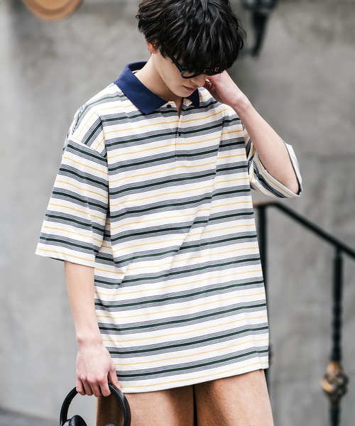 Rocky Monroe(ロッキーモンロー)の「オーバーサイズマルチボーダー半袖ポロシャツ(ポロシャツ・メンズ・パープル/イエロー/グリーン/チャコールグレー/オフホワイト/ブルーグリーン・M/L/LL)」の7枚目の写真