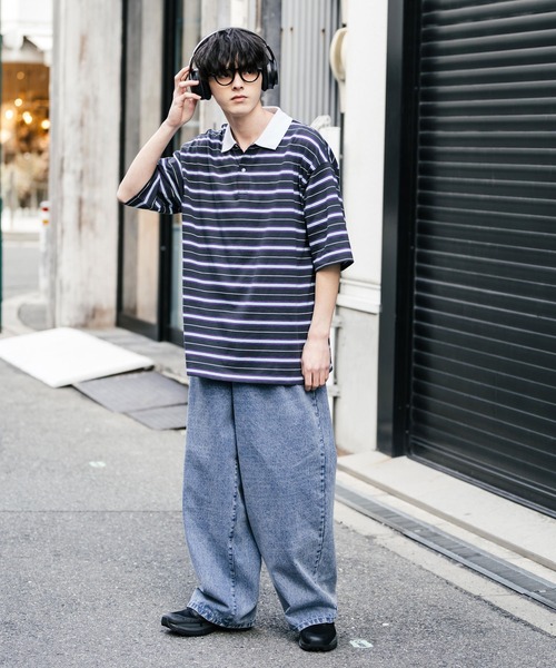 Rocky Monroe(ロッキーモンロー)の「オーバーサイズマルチボーダー半袖ポロシャツ(ポロシャツ・メンズ・パープル/イエロー/グリーン/チャコールグレー/オフホワイト/ブルーグリーン・M/L/LL)」の14枚目の写真