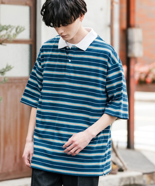 Rocky Monroe(ロッキーモンロー)の「オーバーサイズマルチボーダー半袖ポロシャツ(ポロシャツ・メンズ・パープル/イエロー/グリーン/チャコールグレー/オフホワイト/ブルーグリーン・M/L/LL)」の18枚目の写真