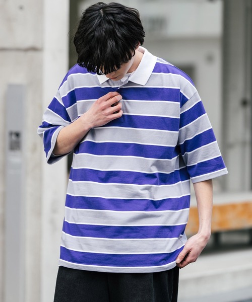 Rocky Monroe(ロッキーモンロー)の「オーバーサイズマルチボーダー半袖ポロシャツ(ポロシャツ・メンズ・パープル/イエロー/グリーン/チャコールグレー/オフホワイト/ブルーグリーン・M/L/LL)」の21枚目の写真