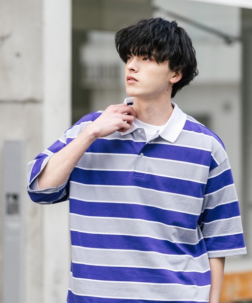 Rocky Monroe(ロッキーモンロー)の「オーバーサイズマルチボーダー半袖ポロシャツ(ポロシャツ・メンズ・パープル/イエロー/グリーン/チャコールグレー/オフホワイト/ブルーグリーン・M/L/LL)」の22枚目の写真