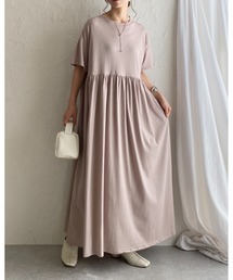 Aラインボリュームギャザーフレアロング丈半袖Tシャツワンピース