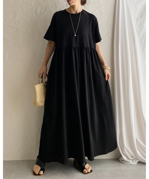 セール】Aラインボリュームギャザーフレアロング丈半袖Tシャツ