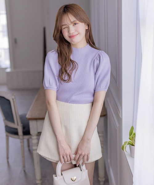 clear（クリア）の「パフスリーブ半袖リブニットトップス（ニット/セーター・レディース・オフホワイト/ブラック/ベージュ/ラベンダー/ピンク・F）」の18枚目の写真