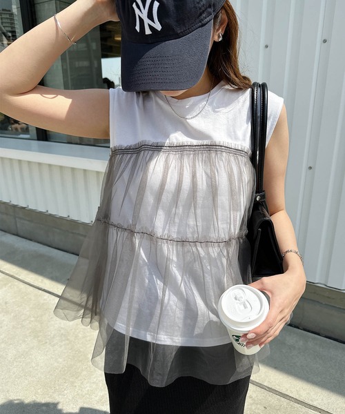セール】チュールドッキングビスチェ風トップス（Tシャツ
