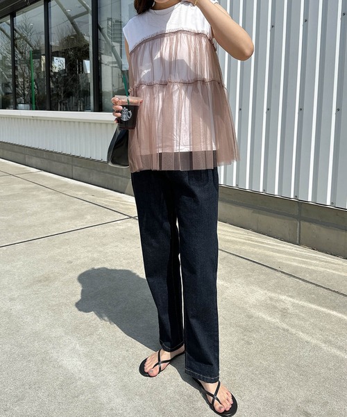 andme(アンドミー)の「チュールドッキングビスチェ風トップス(Tシャツ/カットソー・レディース・ホワイト×ホワイト/ホワイト×ブラウン/ホワイト×グレー/ブラック×グレー・M/L)」の8枚目の写真