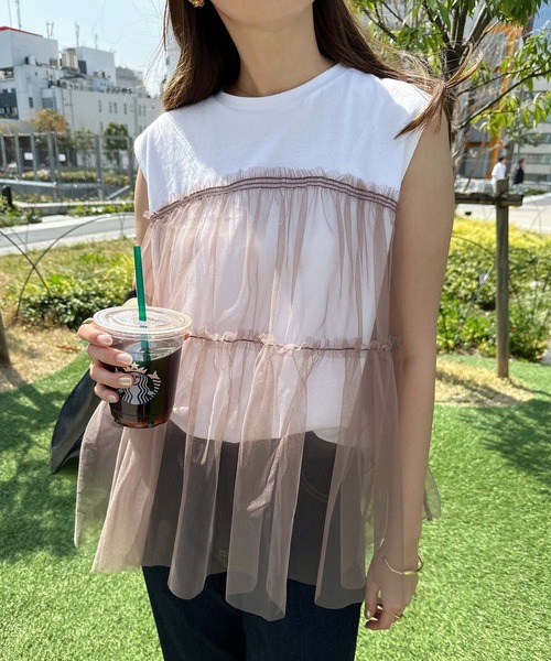 andme(アンドミー)の「チュールドッキングビスチェ風トップス(Tシャツ/カットソー・レディース・ホワイト×ホワイト/ホワイト×ブラウン/ホワイト×グレー/ブラック×グレー・M/L)」の6枚目の写真