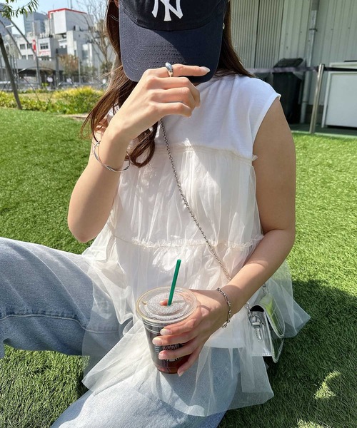 andme(アンドミー)の「チュールドッキングビスチェ風トップス(Tシャツ/カットソー・レディース・ホワイト×ホワイト/ホワイト×ブラウン/ホワイト×グレー/ブラック×グレー・M/L)」の22枚目の写真