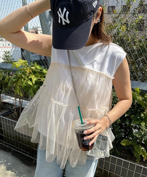 andme(アンドミー)の「チュールドッキングビスチェ風トップス(Tシャツ/カットソー・レディース・ホワイト×ホワイト/ホワイト×ブラウン/ホワイト×グレー/ブラック×グレー・M/L)」の20枚目の写真