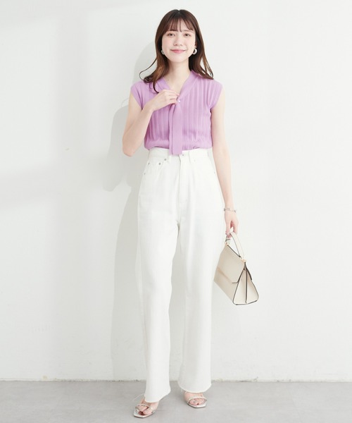 natural couture（ナチュラルクチュール）の「パールバー付ボウタイニットプルオーバー（キャミソール・レディース・アイボリー/グレイッシュベージュ/ブラック/ネイビー/パープル/ブルー系その他・FREE）」の14枚目の写真