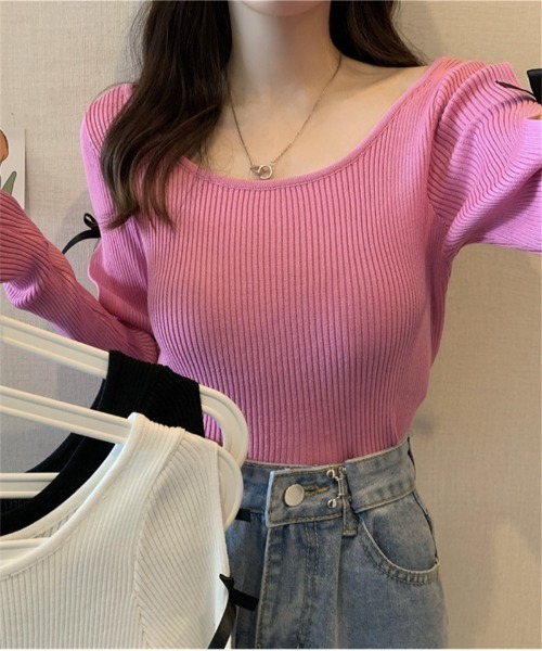 Ritzy(リッツィー)の「リボンデザイン オフショルダーニット(ニット/セーター・レディース・ピンク/ブラック/ホワイト/ブルー・FREE)」の9枚目の写真