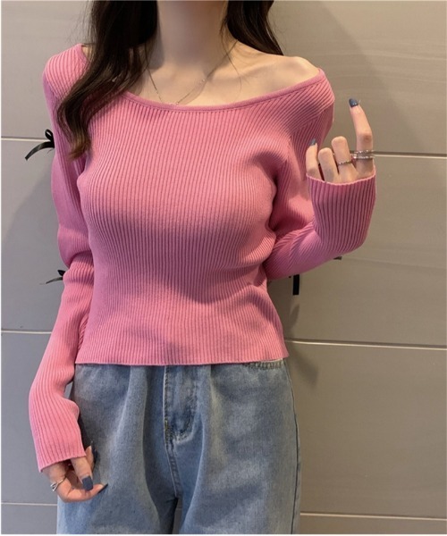 Ritzy(リッツィー)の「リボンデザイン オフショルダーニット(ニット/セーター・レディース・ピンク/ブラック/ホワイト/ブルー・FREE)」の7枚目の写真