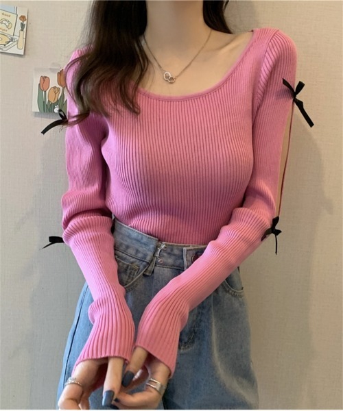 Ritzy(リッツィー)の「リボンデザイン オフショルダーニット(ニット/セーター・レディース・ピンク/ブラック/ホワイト/ブルー・FREE)」の6枚目の写真