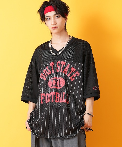 a.p.o.v.（エーピーオービー）の「a.p.o.v. レトロロゴ＆ストライプメッシュサッカーゲームシャツ（Tシャツ/カットソー・メンズ・ネイビー/ホワイト/ブラック・ONESIZE）」の3枚目の写真