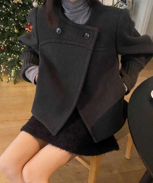 【セール】袖リブニットドッキングショートコート（ノーカラーコート）｜N.s（エヌドットエス）