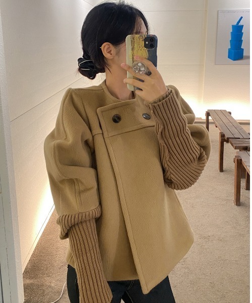 【セール】袖リブニットドッキングショートコート（ノーカラーコート）｜N.s（エヌドットエス）