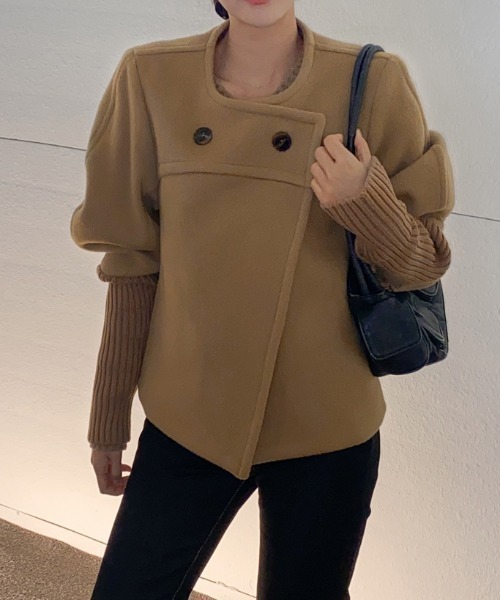 【セール】袖リブニットドッキングショートコート（ノーカラーコート）｜N.s（エヌドットエス）