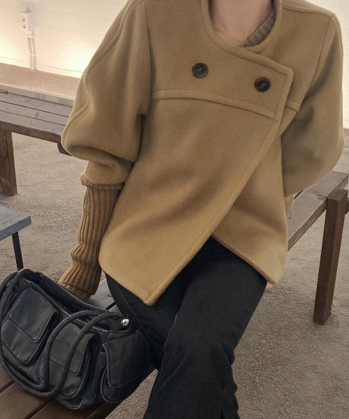 【セール】袖リブニットドッキングショートコート（ノーカラーコート）｜N.s（エヌドットエス）