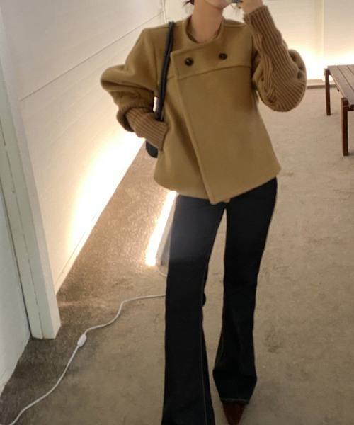 【セール】袖リブニットドッキングショートコート（ノーカラーコート）｜N.s（エヌドットエス）