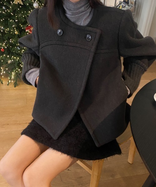 【セール】袖リブニットドッキングショートコート（ノーカラーコート）｜N.s（エヌドットエス）