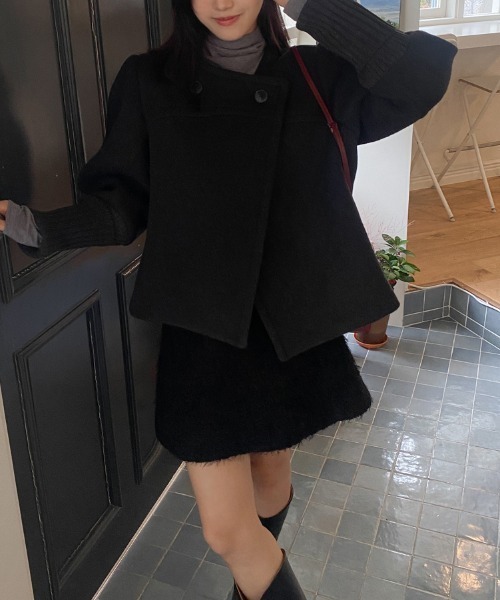 【セール】袖リブニットドッキングショートコート（ノーカラーコート）｜N.s（エヌドットエス）