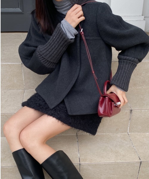 【セール】袖リブニットドッキングショートコート（ノーカラーコート）｜N.s（エヌドットエス）