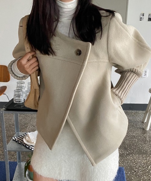 【セール】袖リブニットドッキングショートコート（ノーカラーコート）｜N.s（エヌドットエス）