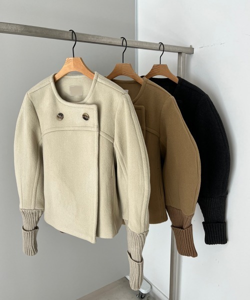 【セール】袖リブニットドッキングショートコート（ノーカラーコート）｜N.s（エヌドットエス）