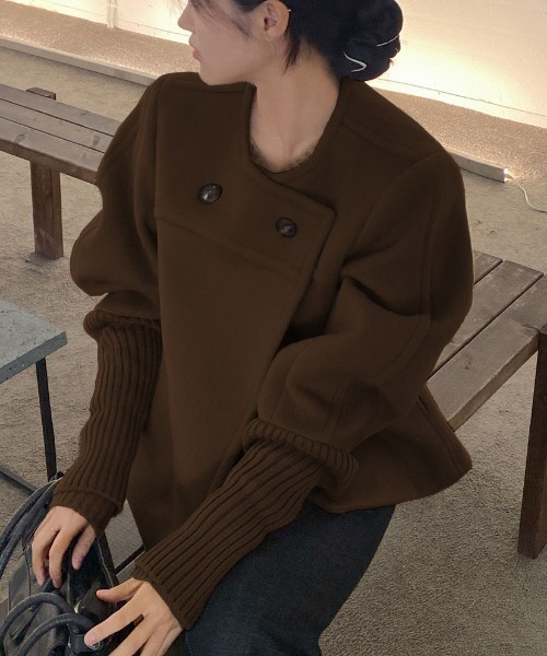 【セール】袖リブニットドッキングショートコート（ノーカラーコート）｜N.s（エヌドットエス）