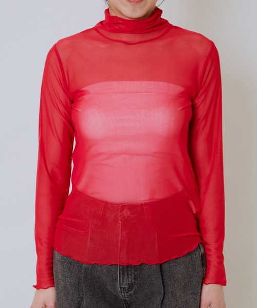 GORGE（ゴージ）の「《シアー透け感×ハイネック》レディース メロウ 長袖 トップス レイヤード 春秋冬（Tシャツ/カットソー・レディース・オフホワイト/ホワイト系その他2/ブラック系その他3/ブラック系その他/ブラック/グレー系その他/オレンジ/モカ/ネイビー/ホワイト系その他/ベージュ系その他/イエロー/ブルー/レッド/ボルドー・F）」の13枚目の写真