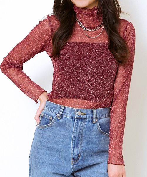 GORGE（ゴージ）の「《シアー透け感×ハイネック》レディース メロウ 長袖 トップス レイヤード 春秋冬（Tシャツ/カットソー・レディース・オフホワイト/ホワイト系その他2/ブラック系その他3/ブラック系その他/ブラック/グレー系その他/オレンジ/モカ/ネイビー/ホワイト系その他/ベージュ系その他/イエロー/ブルー/レッド/ボルドー・F）」の14枚目の写真