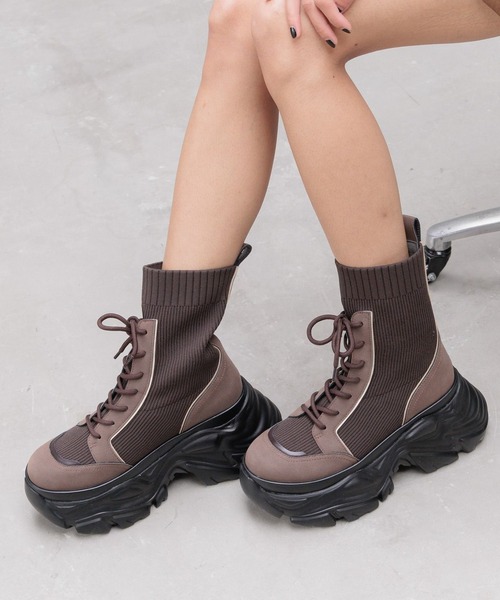 レースアップソックスブーツ 【3サイズ展開・厚底なのに軽量】（ブーツ