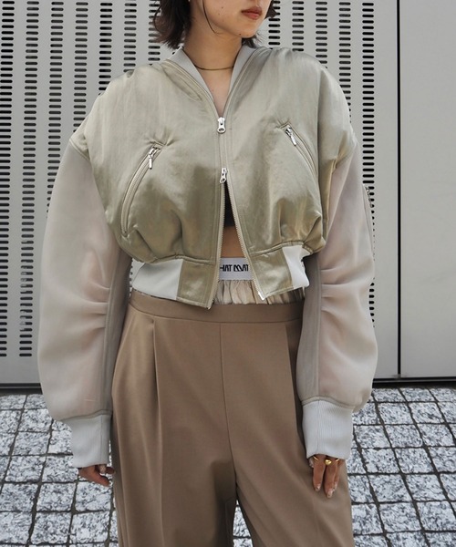 THINGS THAT MATTER（シングス ザット マター）の「SHEER SLEEVES COMPACT MA-1 BLOUSON / シアースリーブコンパクトエムエーワンブルゾン（MA-1・レディース・ブラック/カーキ/ラベンダー・FREE）」の15枚目の写真
