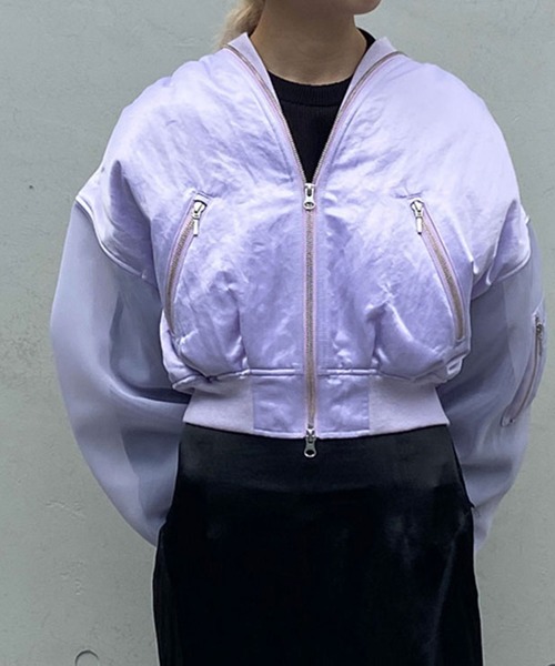 THINGS THAT MATTER（シングス ザット マター）の「SHEER SLEEVES COMPACT MA-1 BLOUSON / シアースリーブコンパクトエムエーワンブルゾン（MA-1・レディース・ブラック/カーキ/ラベンダー・FREE）」の4枚目の写真