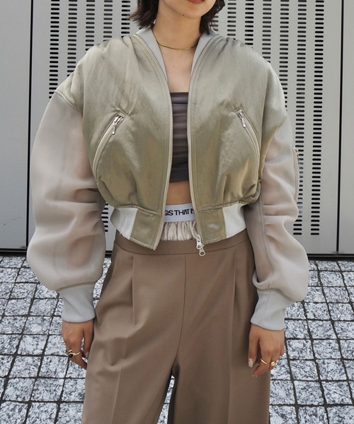 THINGS THAT MATTER（シングス ザット マター）の「SHEER SLEEVES COMPACT MA-1 BLOUSON / シアースリーブコンパクトエムエーワンブルゾン（MA-1・レディース・ブラック/カーキ/ラベンダー・FREE）」の6枚目の写真