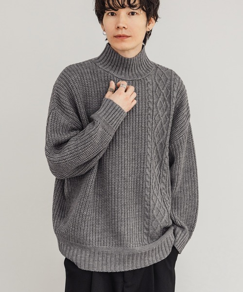 improves（インプローブス）の「ケーブル切替 畦編み ボトルネック ニットセーター（ニット/セーター・メンズ・ブラック/グレー/ベージュ/ホワイト・LARGE/MEDIUM）」の4枚目の写真