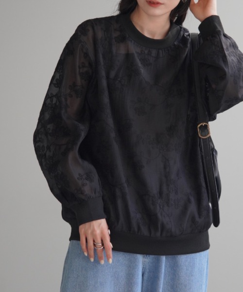 HUG.U（ハグユー）の「フローラルシアー Tシャツ（Tシャツ/カットソー・レディース・ブラック/アイボリー・FREE）」の6枚目の写真