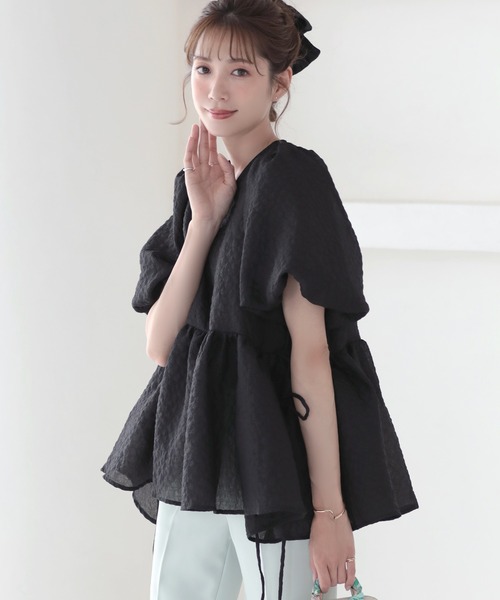 MERAKI（メラキ）の「バルーンスリーブサイドリボンシアーブラウス（シャツ/ブラウス・レディース・サックスブルー/ピンク/イエロー/ブラック/ライトベージュ・FREE）」の2枚目の写真