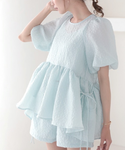 MERAKI（メラキ）の「バルーンスリーブサイドリボンシアーブラウス（シャツ/ブラウス・レディース・サックスブルー/ピンク/イエロー/ブラック/ライトベージュ・FREE）」の14枚目の写真