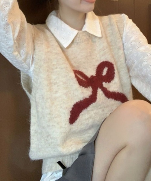 ViViDAY(ビビデー)の「リボン柄ニットベスト(ベスト・レディース・ベージュ/チャコールグレー/グレー・M)」の14枚目の写真