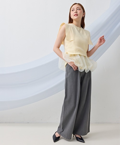 en CAnAF(エンカナフ)の「タック入り デニム ワイドパンツ(デニムパンツ・レディース・グレー/ライトブルー/インディゴブルー・M/S/L)」の1枚目の写真