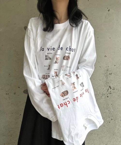 merrylatte(メリーラテ)の「CATデザインロングTシャツ(Tシャツ/カットソー・レディース・ネイビー/レッド・MEDIUM/LARGE)」の1枚目の写真