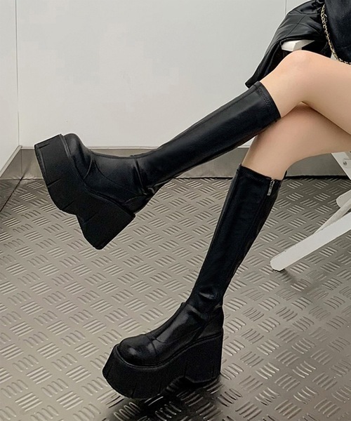 Lace Ladies(レースレディース)の「レザー調 厚底 タンクソール ロング ブーツ(ブーツ・レディース・ブラック/アイボリー・22.5cm/23cm/23.5cm/24cm/24.5cm)」の3枚目の写真