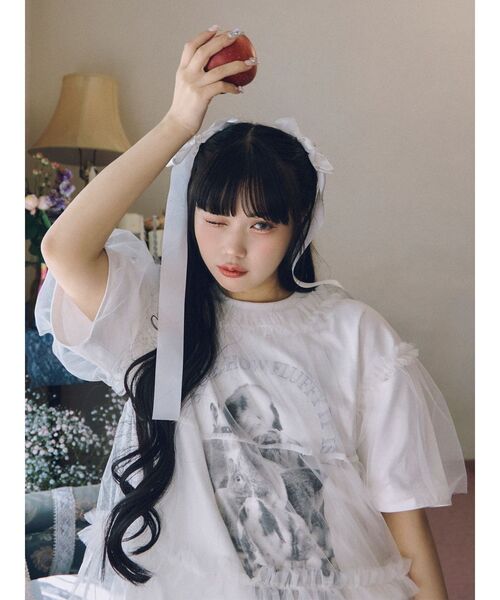 merry jenny（メリージェニー）の「fluffy rabbit tee / フラッフィーtee（Tシャツ/カットソー・レディース・オフホワイト/ベージュ/ピンク・FREE）」の5枚目の写真