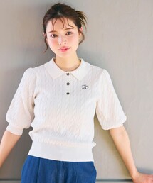 胸元刺繍ケーブルポロ ニット