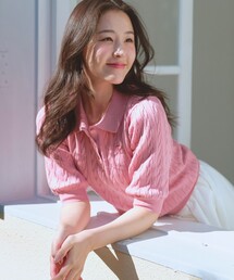胸元刺繍ケーブルポロ ニット