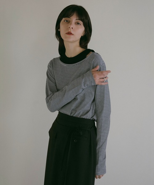 MANOF　シースルーレイヤードトップス　黒　マノフ　カットソー　Tシャツ セール】SHEER NECK CUT TOPS（Tシャツ/カットソー）｜MANOF