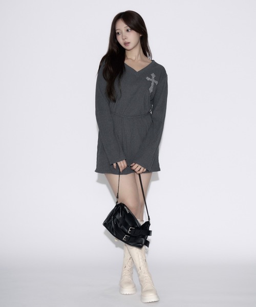 セール】Cross Vneck Mini Dress / クロスVネックミニワンピース